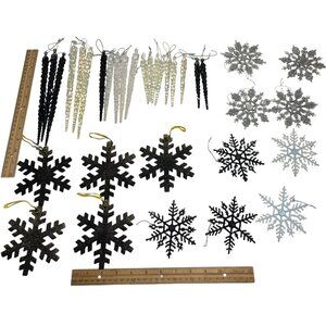 Black Glitter Snowflake & Iridescent Icicle Ornaments Set 29a